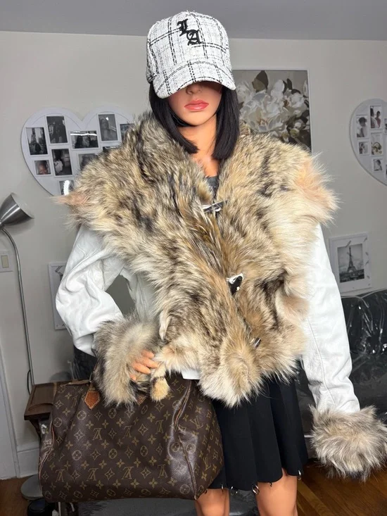 Lux Genuine Fox Fur & White Leather Vintage Jacket - Picture 5 of 16